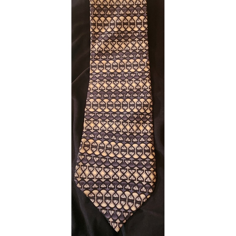 Handmade Silk Necktie Mens OS Blue Tan Excellent Geometric Mosaic Professional